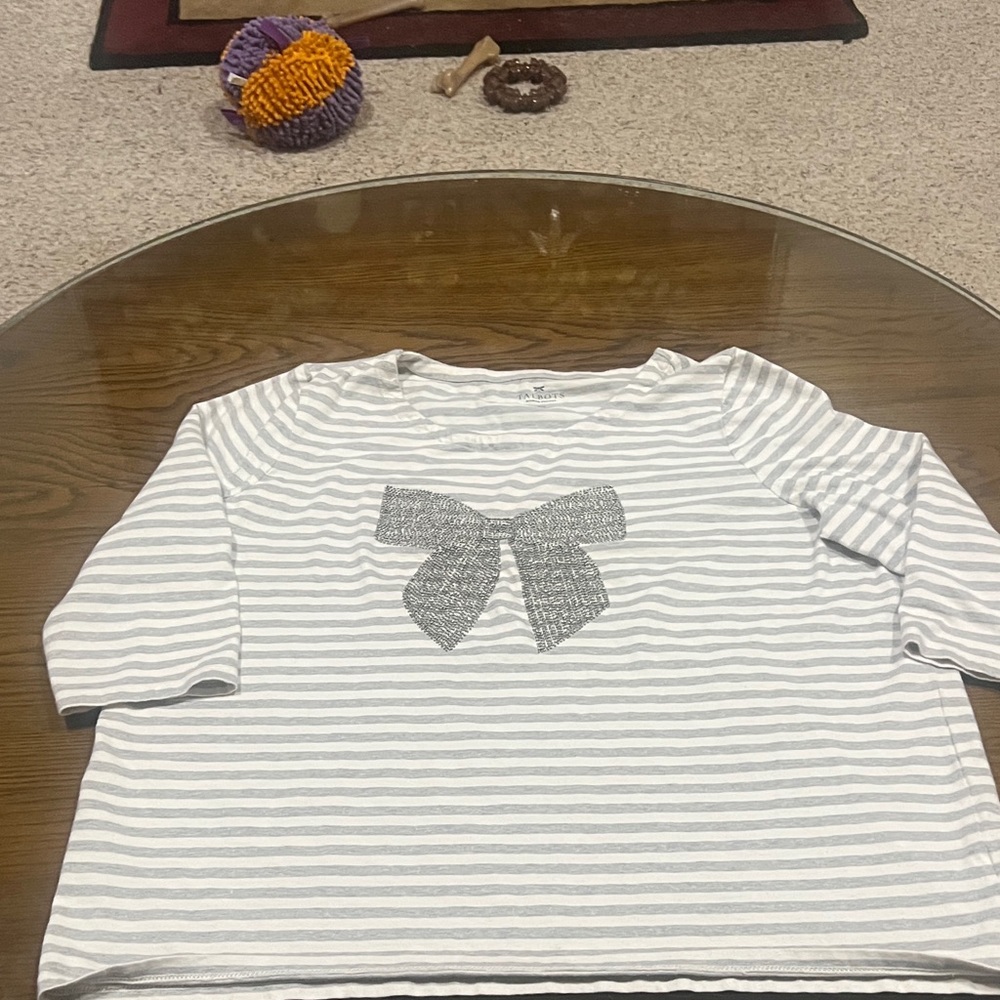 Talbots Gray Striped Long Sleeve Tee with glittery  Bow